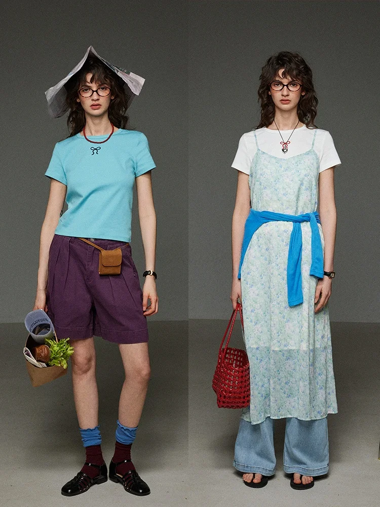 

LITLECOT Blue round Ne T-irt Women's ort Sve Knot Print Spring Summer New Sle Versatile Top