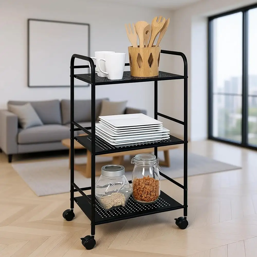 

Трехуровневая металлическая тележка на колесах, мобильный органайзер для хранения для кухни, офиса и дома, черная