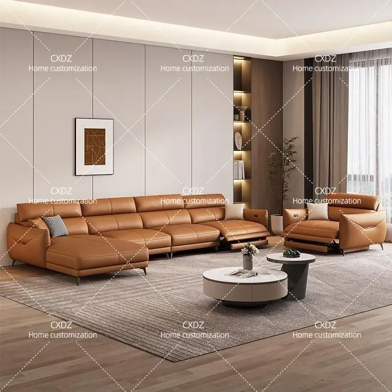 Electric Functional Sofa Modern Minimalist Straight Row 3 4 Seater Real Cowhide Leather for Small Apartment Living Room