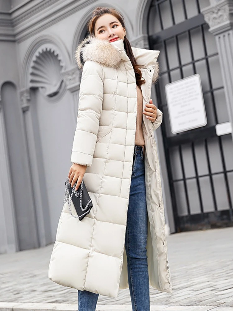 2025 abrigos acolchados para mujer, Parkas largas de algodón, abrigo para mujer, nuevo invierno por encima de la rodilla, Parkas gruesas y cálidas con capucha y cuello de piel grande suelto