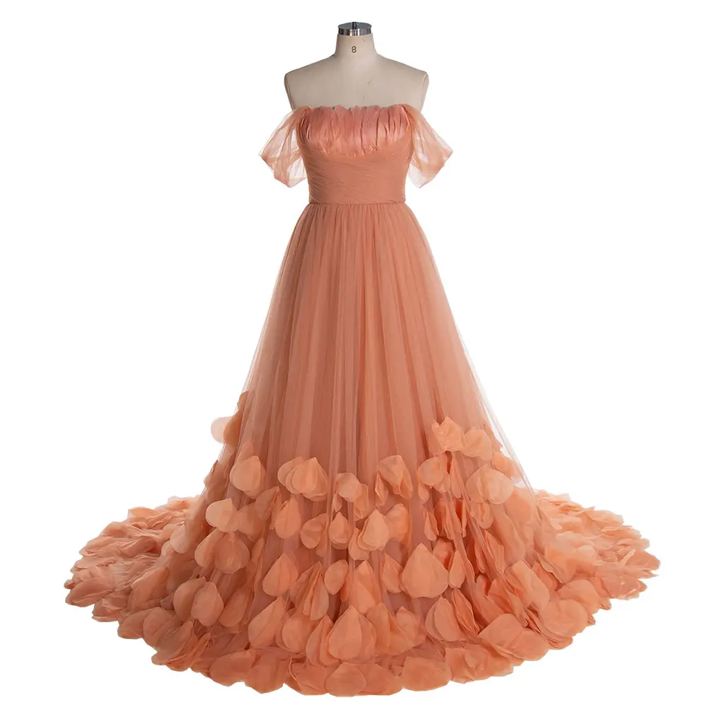 

Garden Burnt Orange Petals Ruffles Tulle Bridal Dresses Cap Sleeve Feather A-line Long Photoshoot Gowns YW240118