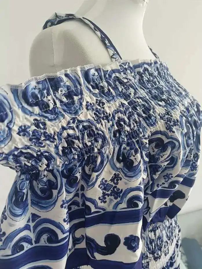 Summer Runway Designer Holiday Cotton Dress Women's Spaghetti Strap High Elastic Waist Blue White Porcelain Print Midi Vestidos