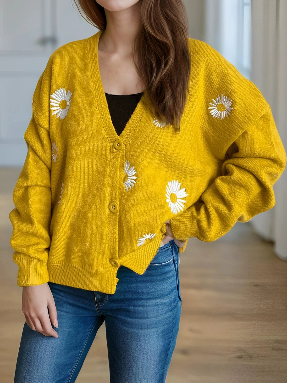 

Autumn and winter embroidered flower women's sweater cardigan casual loose and versatile long sleeved outer