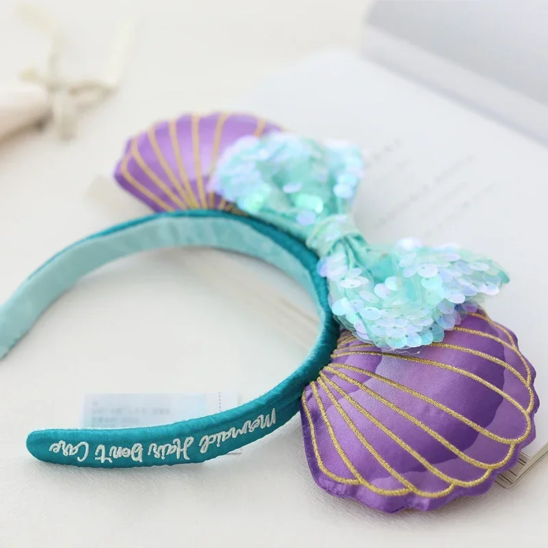 Disney Mermaid Ariel Princess Headband Mickey Mouse Ears Cosplay Big Sequin Bows Hairband Disneyland Fashion Headband Decoration