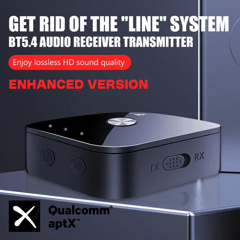 جهاز إرسال واستقبال صوتي 2 في 1 aptX Bluetooth 5.4 3.5 مم AUX RCA Hifi Stereo aptX-Adaptive/HD/LL محول لاسلكي متعدد النقاط مع ميكروفون للتلفزيون والكمبيوتر الشخصي ومكبر صوت السيارة (الإصدار المحسن)