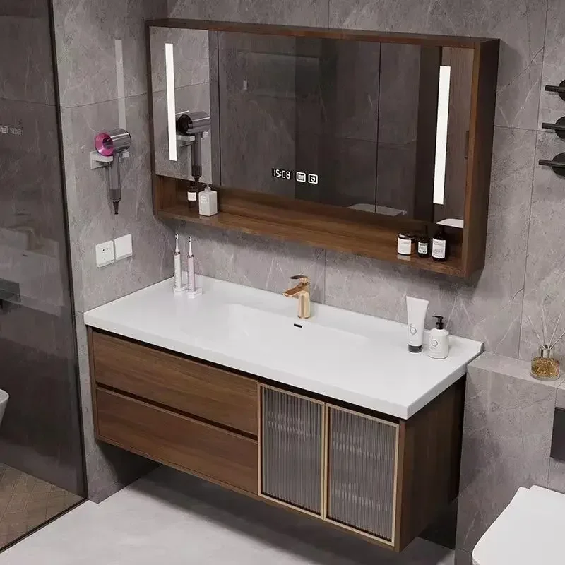 

Винтажный шкаф для ванной комнаты орехового цвета, умное зеркало, керамическая Встроенная раковина, шкаф для ванной комнаты с раковиной, Новинка