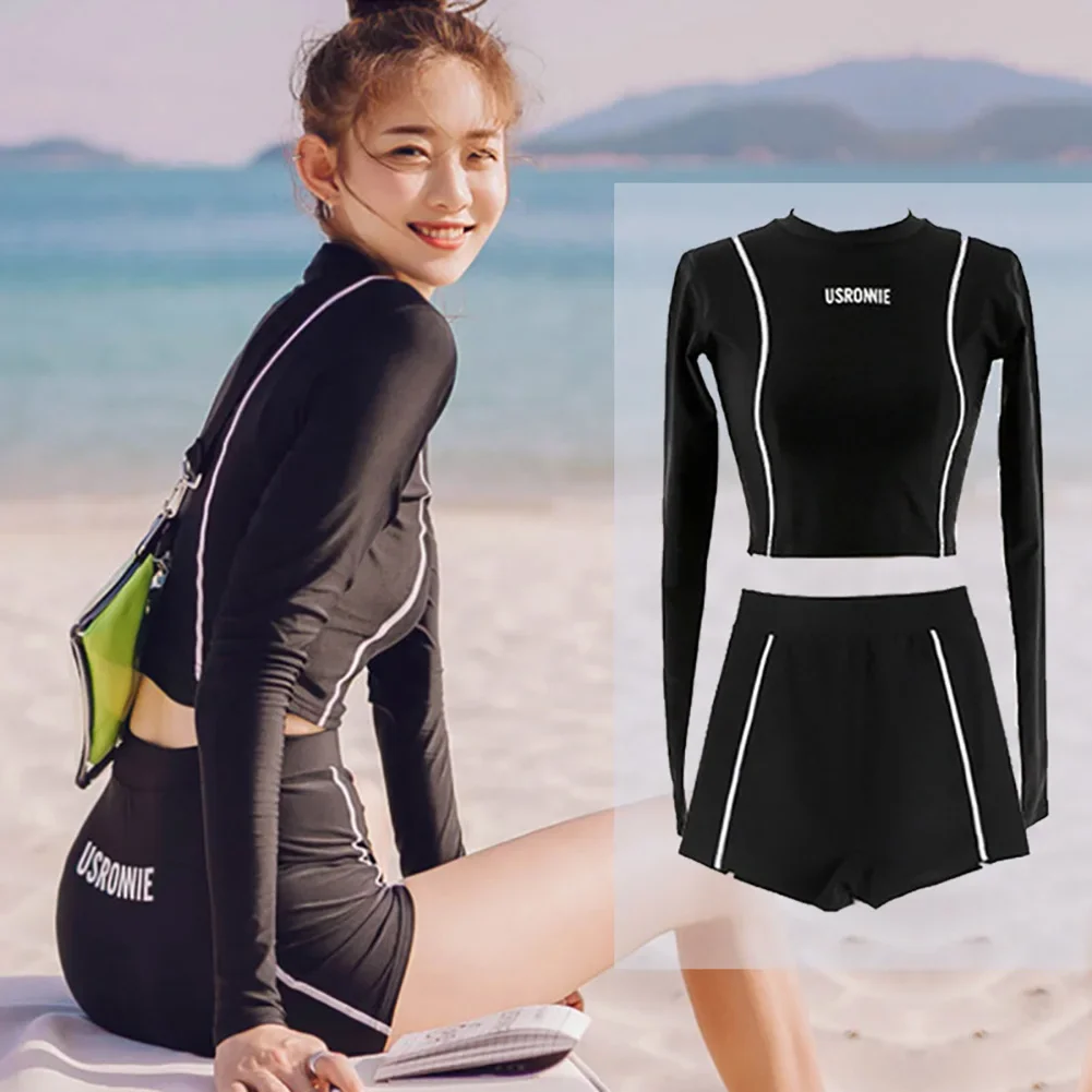 Two-Piece Women\'s Swimming Suit Ladies Patchwork Long Sleeve Swimwear Sports Pool Beachwear Two Piece Swimsuit With Shorts