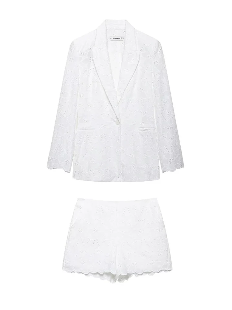 

KUCLUT Women Fashion 2 Piece Set Embroidery White Single Button Blazer & Vintage Side Zipper Shorts Female Chic Shorts Sets