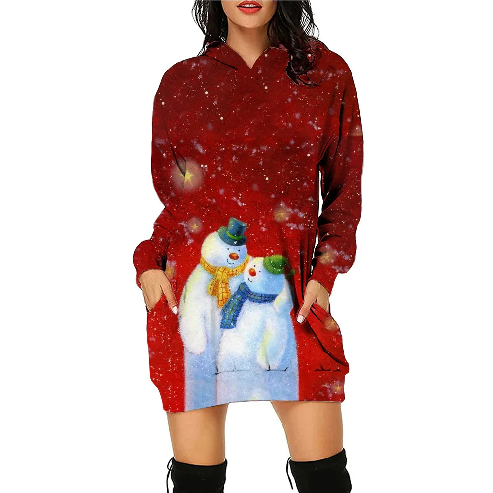 

Ladies Long Sleeve Christmas Print Hooded Sweatshirt Fashion Loose Top snowman Hoodies for Women Womens Hoodies Dress ﻿