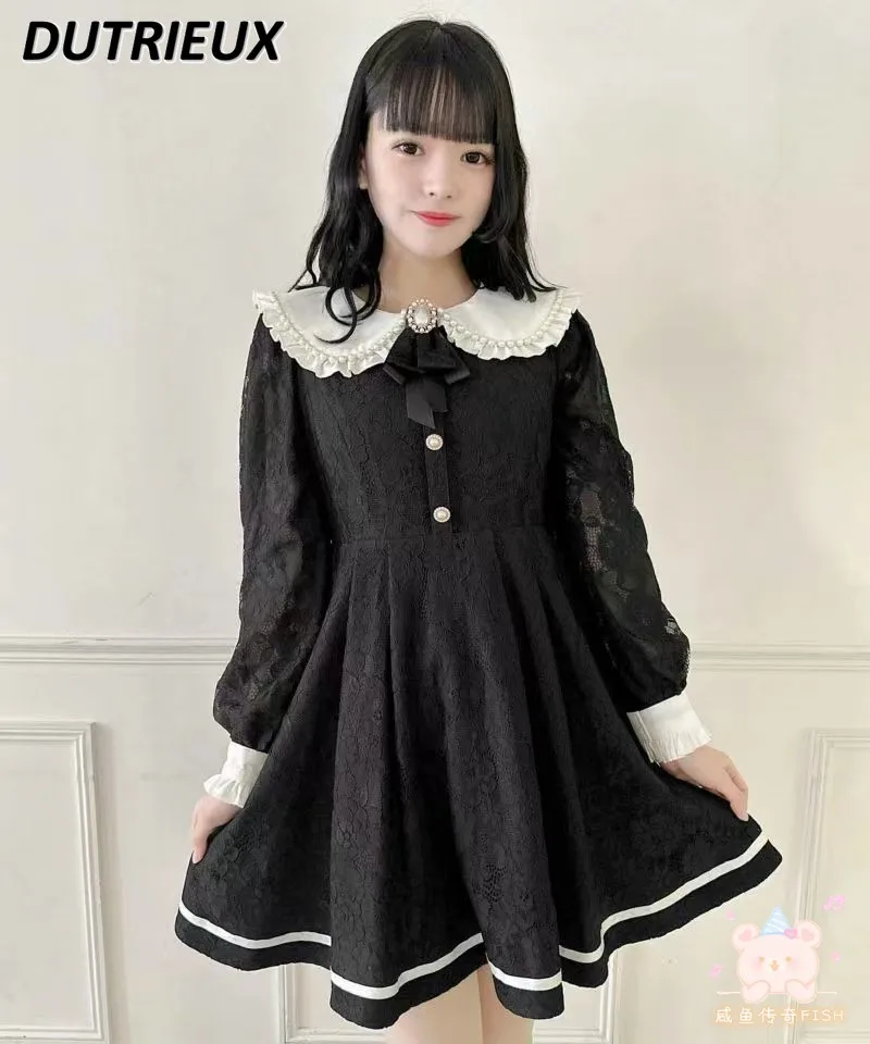 Rojita New Lace Brooch Doll Collar Dress Mine Series Mass-Produced All-Match and Sweet Cute Long Sleeve Waist-Tight Dresses