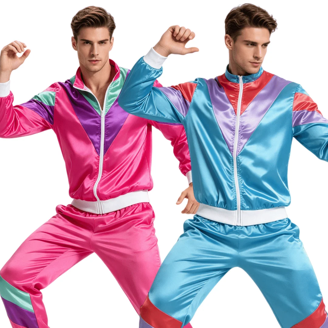 Vintage Block Zipper Jogging Suit Loose Fit Jacket Trousers Set Retro 80s Disco Style Breathable Active Outfit For Casual Wear