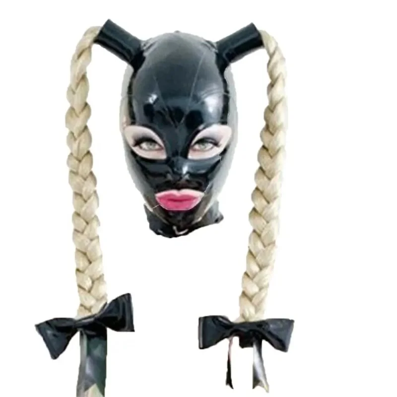 

Latex Mask Rubber Hood with Double Blond Ponytail Wigs Beautiful Girl Headgear Club Cosplay Game Halloween Christmas