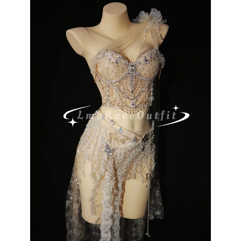 Customized Heavy Industry Embroidered Butterfly Strap Vest Sexy Strapless Electric Syllable Clothing Stage Performance Set