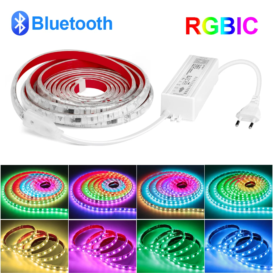 Led Strip Light 220V RGBIC Multicolor Chasing Effect Flexible Tape RGB Dimmable Waterproof LED Strip Bluetooth Smart Control