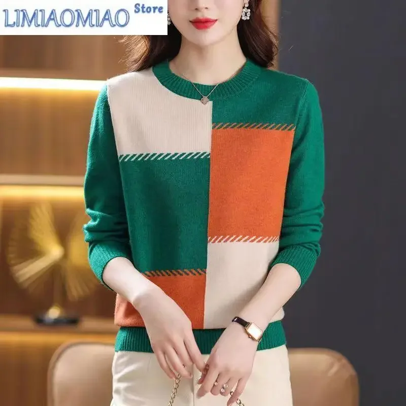 

Knitted Bottoming Shirt Sweater Women in Autumn and Winter Loose and Stylish Color Matching Round Neck Women Top Thick