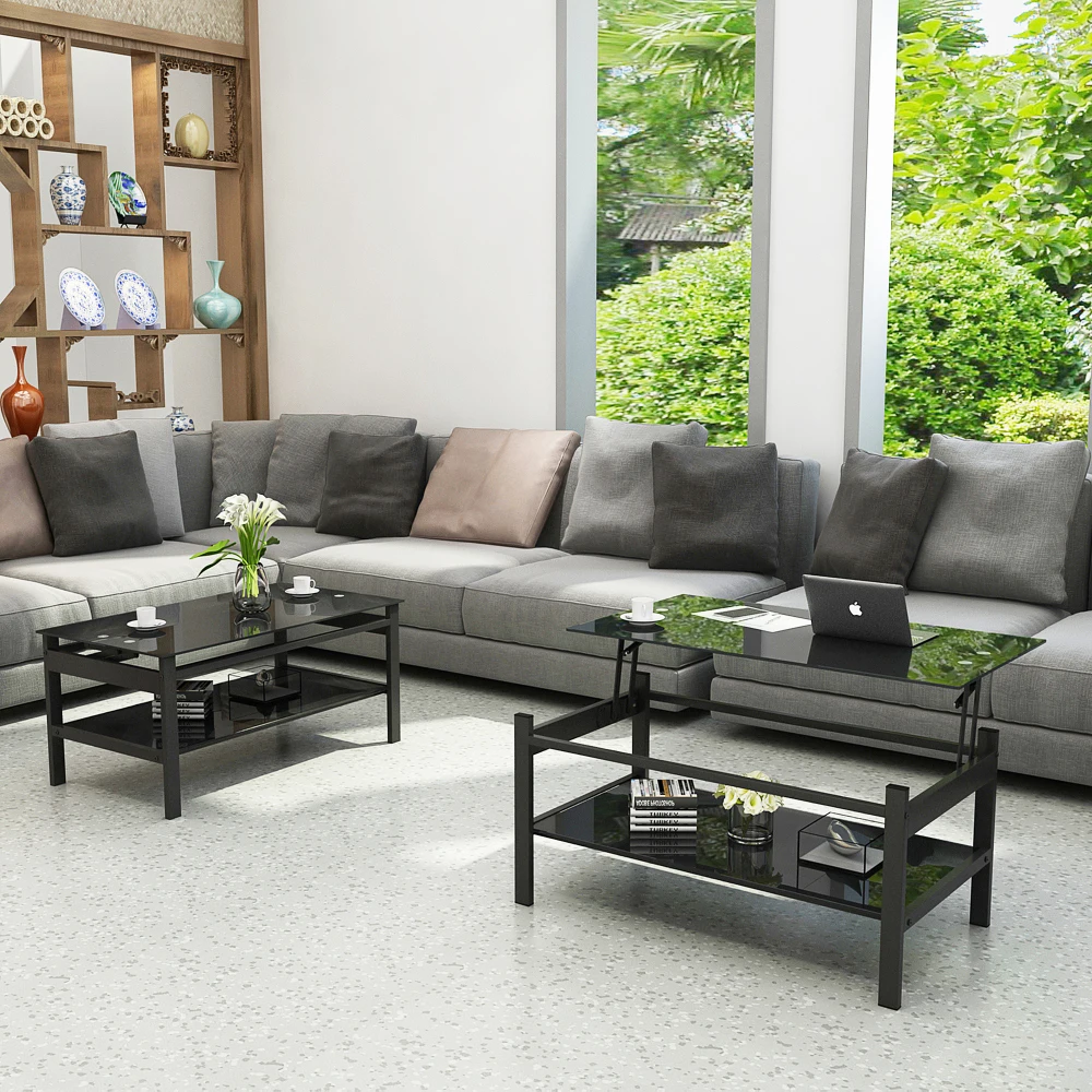 Glass Lift Top Coffee Table Modern Simple 2-Layer Tempered Glass Coffee Table for Living Room Black