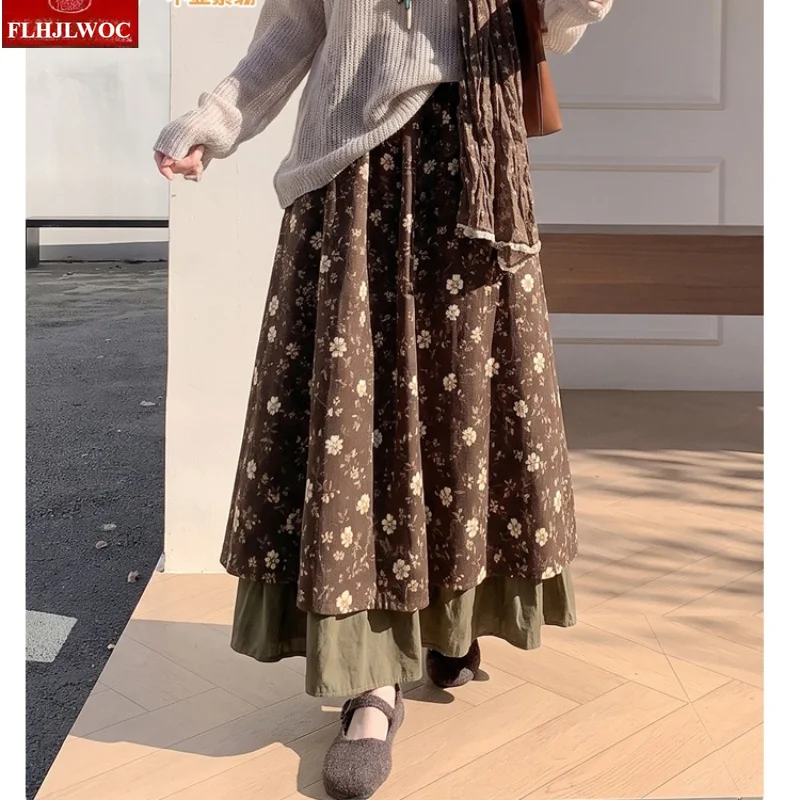 Retro Vintage Skirts Japanese Style Cute Mori Girls Woman Autumn Spring Elastic High Waist Long Sleeve Country Chic Floral Skirt