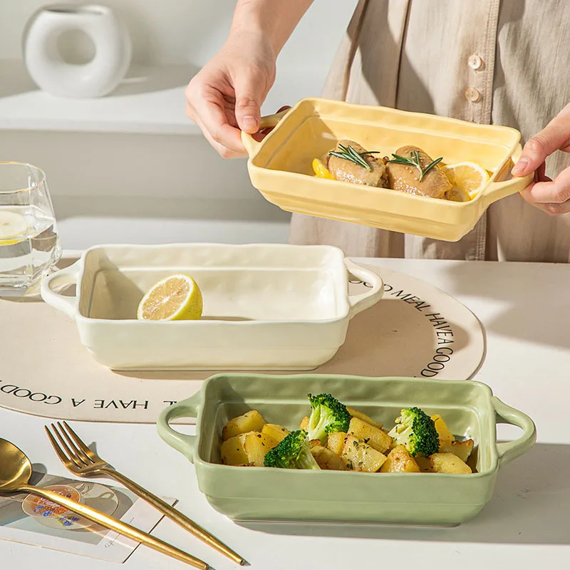 

Ceramic Rectangular Baking Dish with Handles Creative Oven Plate for Breakfast Gratin