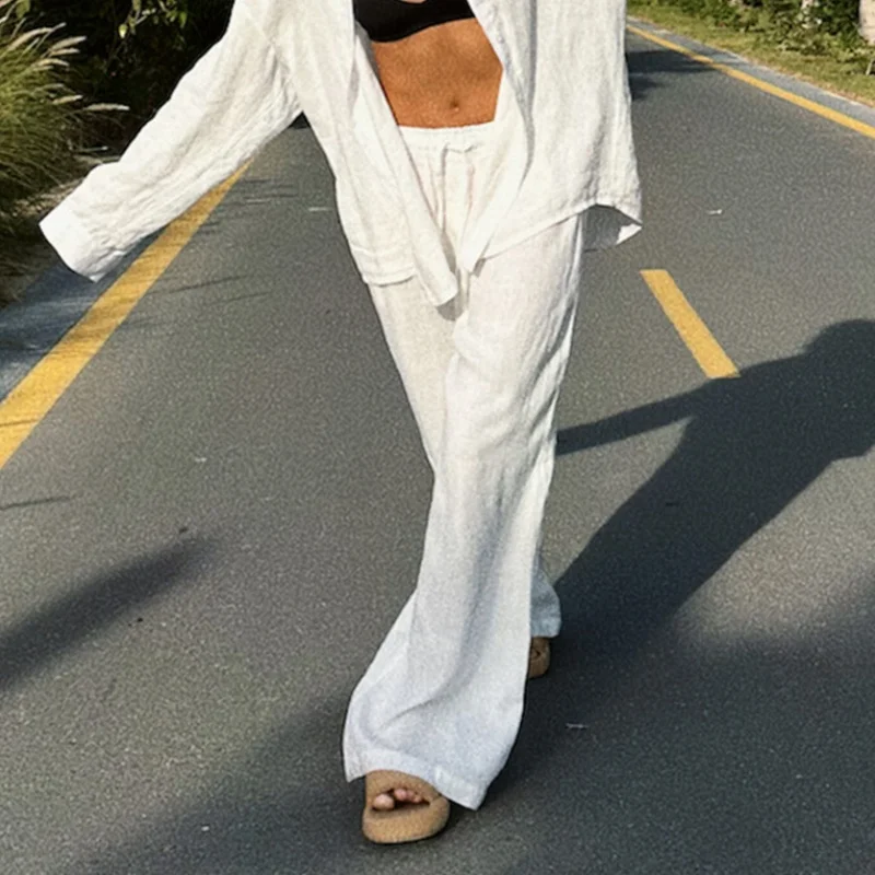 Cotton Linen Baggy Pants Fashion Women High Waist Drawstring Pocket Loose Wide Leg Pant Casual Streetwear New Trousers
