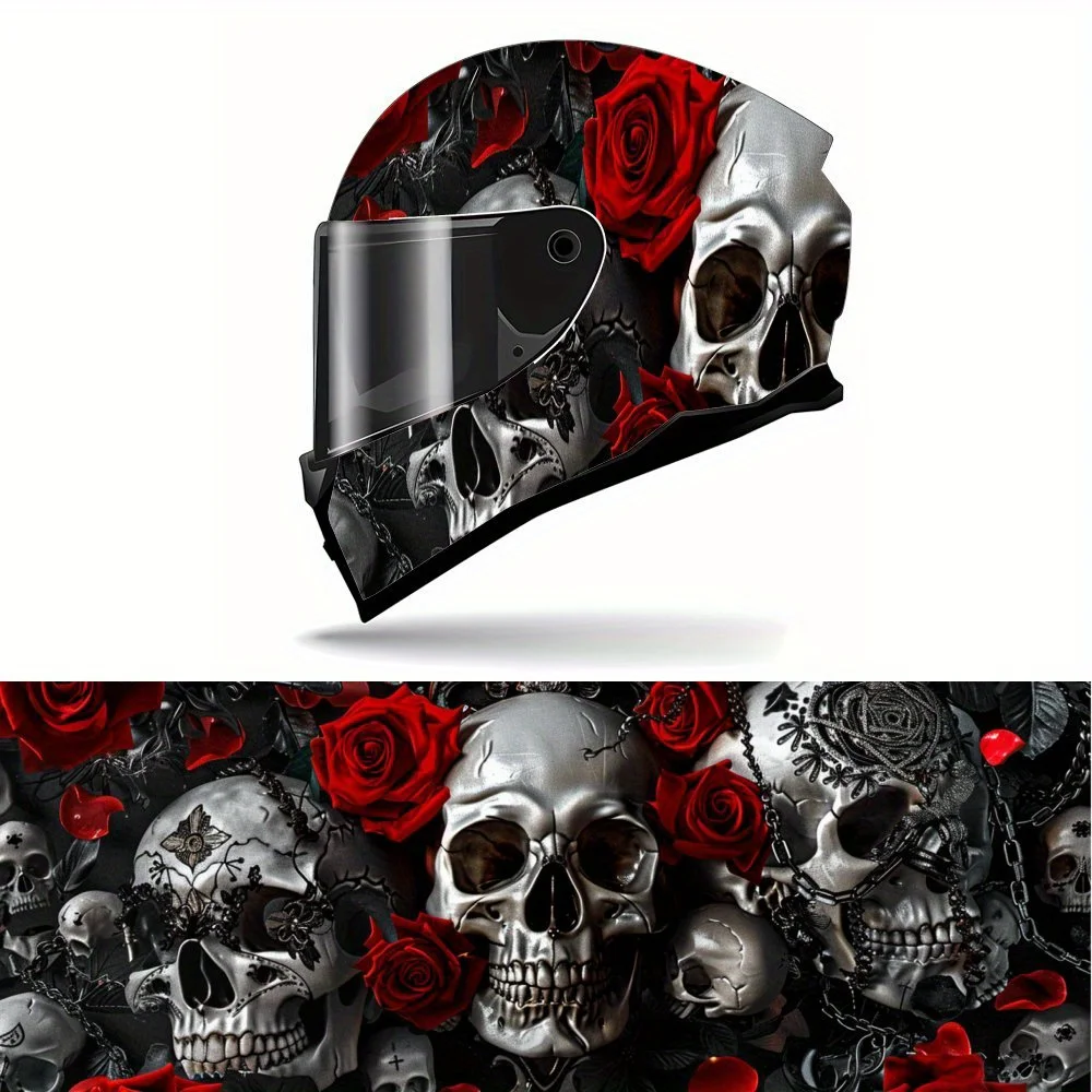 

Gothic Skull and Red Rose Full Face Helmet Vinyl Wrap Sticker, Durable PVC Material, Artistic Aesthetic Graphic Decal for Motorc