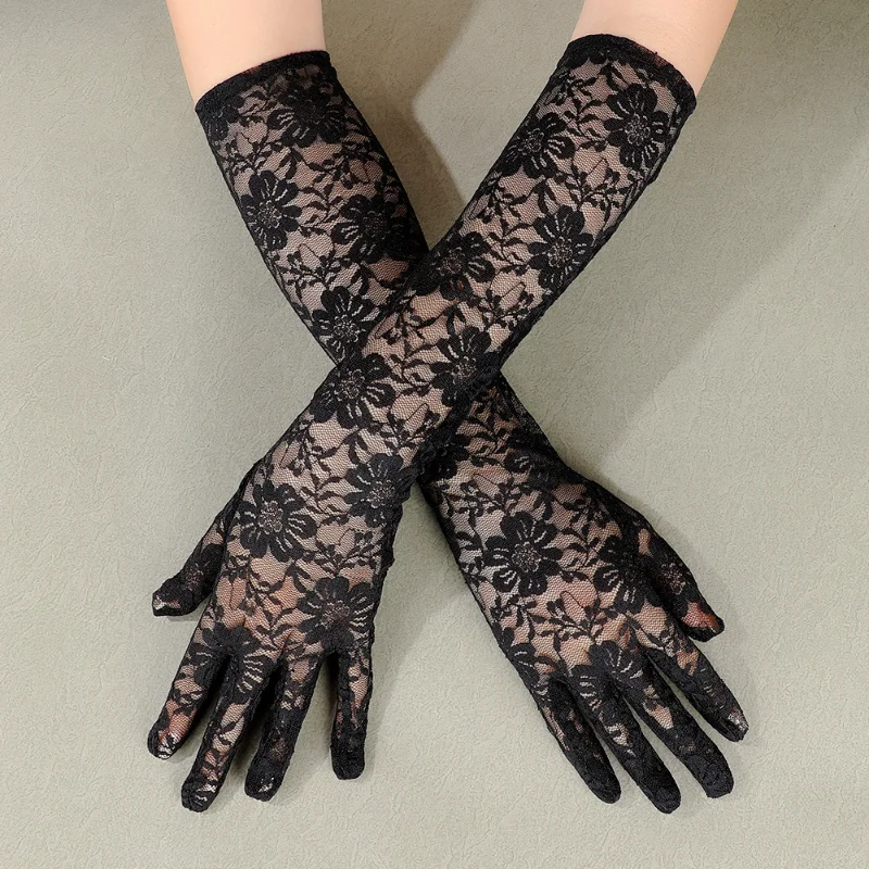 

Женские сексуальные полые кружевные перчатки, дышащие прозрачные свадебные элегантные перчатки, женские мягкие длинные 40 см HLST02