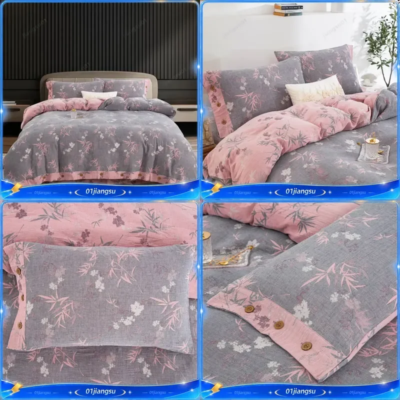 2026 New 100% Cotton Yarn Dyed Jacquard Duvet Cover Set Bamboo Rhyme Button Style 4pcs Bedding Soft Comfortable Home Decor