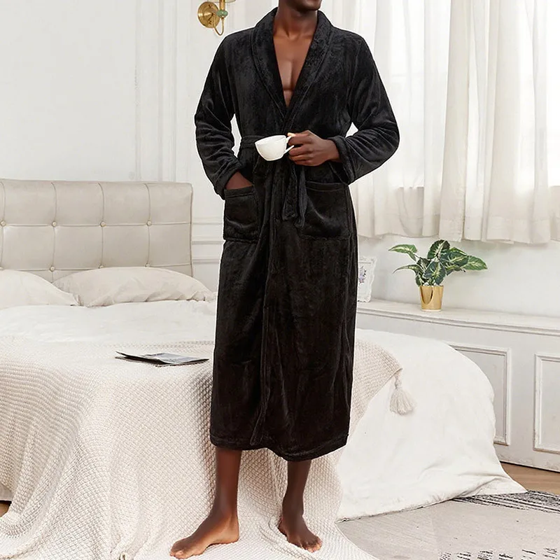 Autumn And Winter New Solid Color Flannel Extended Bathrobe Pajamas Lapel Nightgown