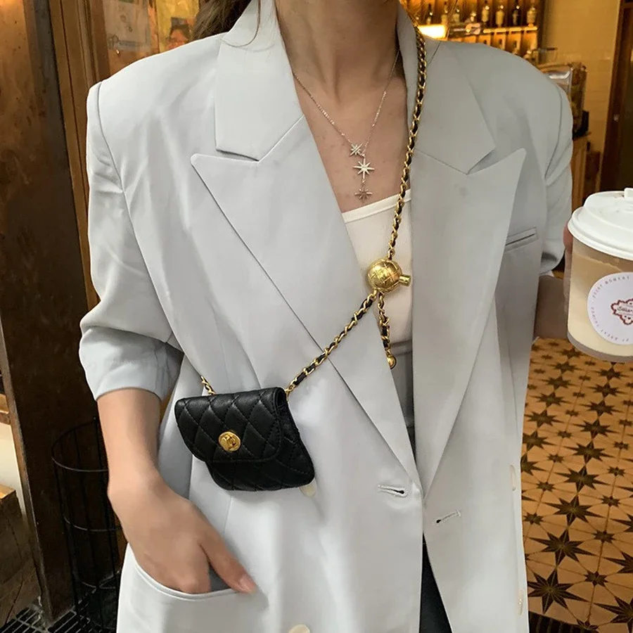 

2025 Women's Little Golden Ball Waistband Bag French Small Fragrant Rhombic Chain Belt Bag Mini Lightweight Chain Crossbody Bag