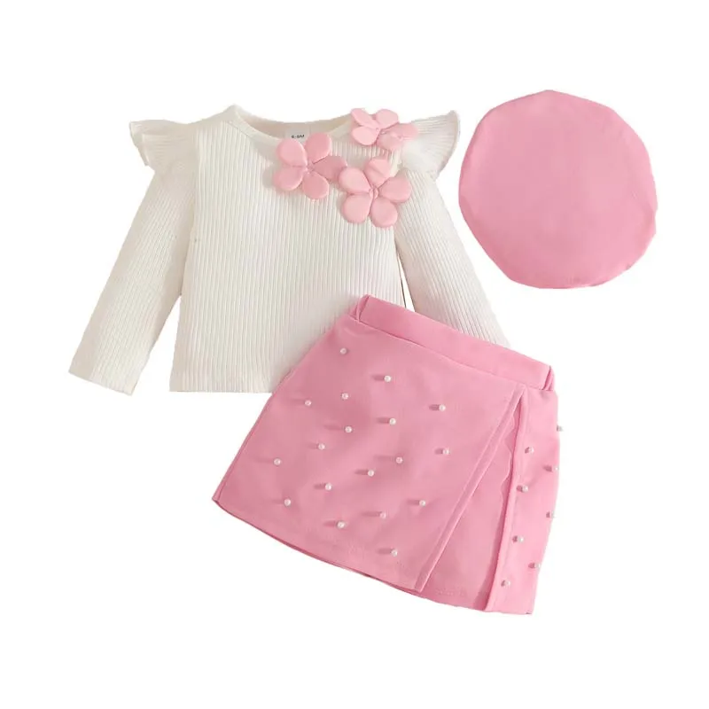 

3Pcs/sets Toddler Baby Girl Clothes Long Sleeves Decal T-shirt Top Sweet Pink Shorts and Beret Autumn Fashion Babywear 1–3Years