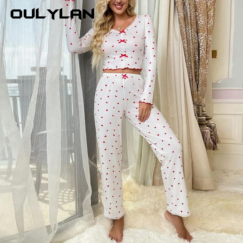 Women Floral Print Pajama Sets Long Sleeve Shirts+Pants Female Casual Home Clothes Spring Autumn Sleepwear Bow Nightwear Suits