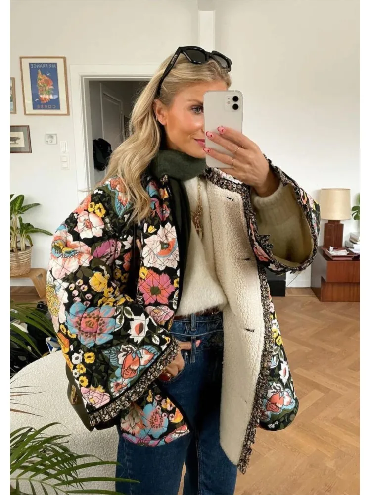 

Женская повседневная свободная куртка с цветочным принтом, хлопковое пальто, осенне-зимнее стеганое пальто с длинными рукавами, женская теплая верхняя одежда, винтажные куртки