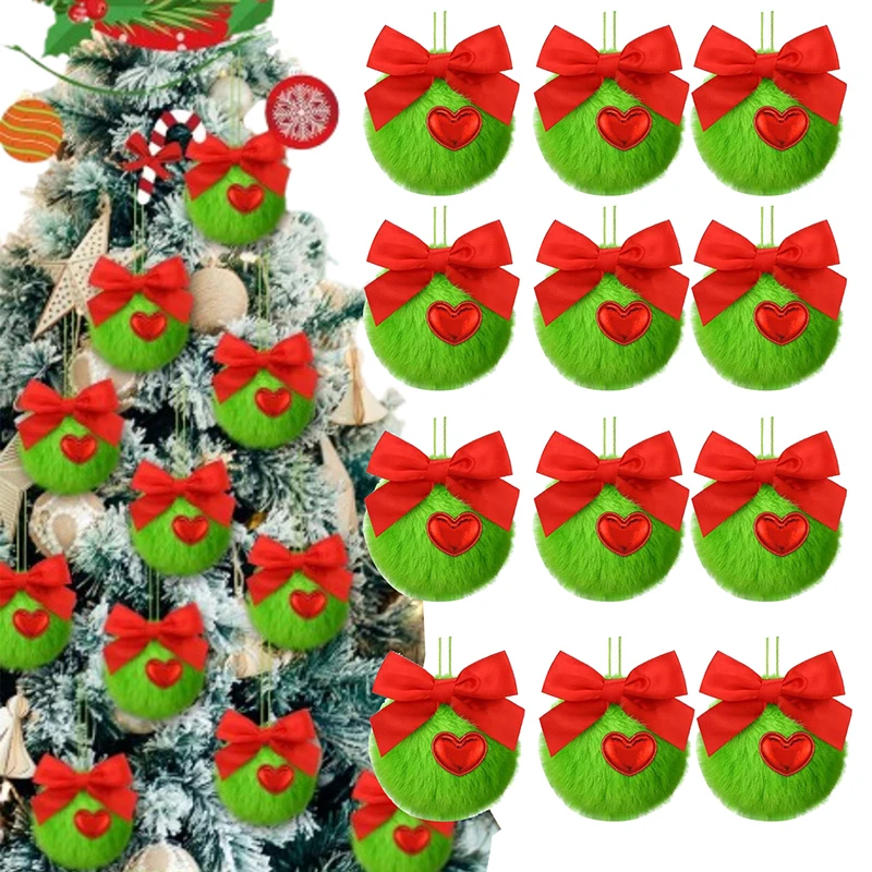 

12PCS Christmas Stocking Pendant Green New Bow Hairball Christmas Ball Hanging For Indoor/outdoor Decoration