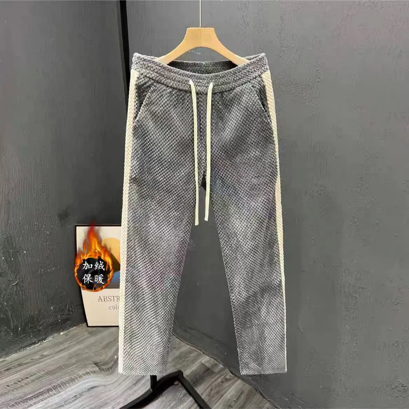 

Men's Clothing Winter Trendy Vintage Contrast Color Patchwork Pants Casual Slim Pockets Straight Thick Velvet Warm Sweatpants