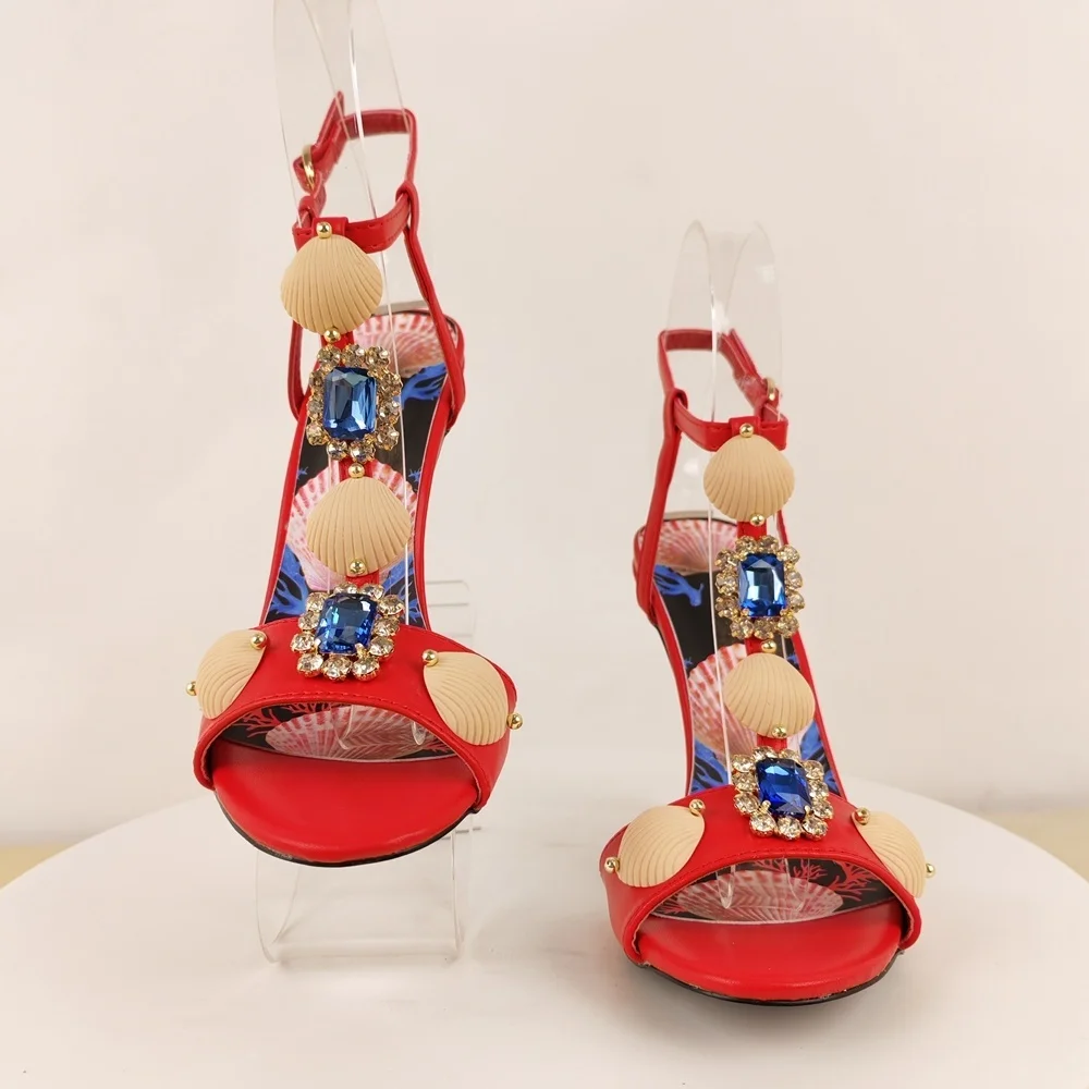 Women's Red Embellished Platform Sandals Seashell Crystal Accents Vibrant Resort Style for Beach Vacations Pool Parties Getaways