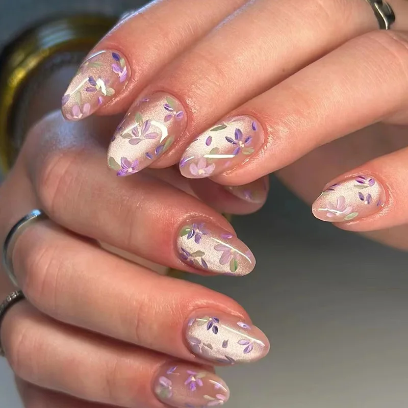 

24pcs Press on Nails Summer Almond Small Flower Cat's Eye Full Coverage Nail Pieces for Women&Girls Detachable Wearable Nail