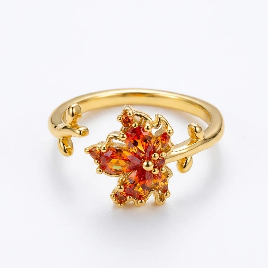 Bague ouverte ajustable en or plaqué or motif feuille d'érable avec zircon cubique orange, bijou pour femme à porter au doigt index, idéale pour le quotidien ou comme cadeau d'anniversaire