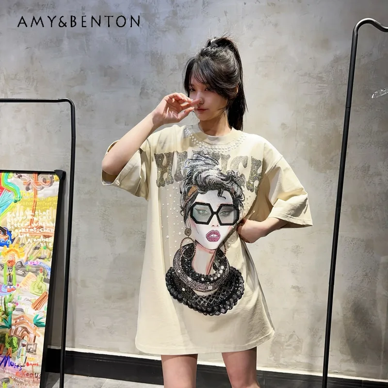 

Summer Fashion Tees Rhinestone Dress Lace Diamond Drills O-Neck Short Sleeve Fashionable Design Oversized T-shirt Vestidos Women