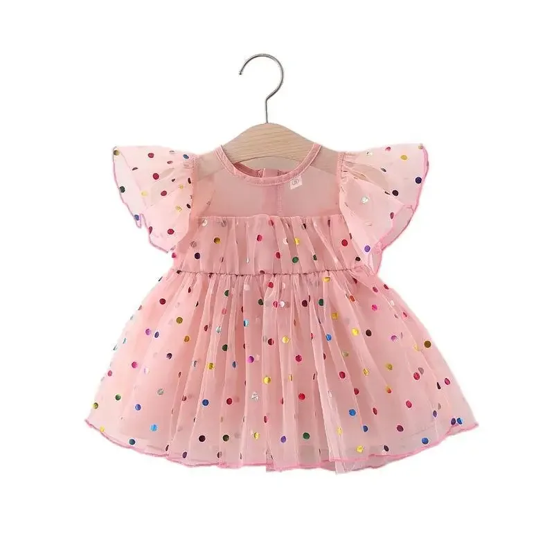 Summer girl dress baby girl three-dimensional flower polka dot lace bubble sleeve back strap princess dress