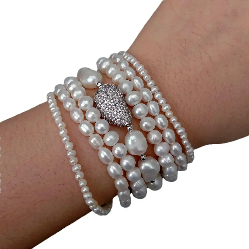 KKGEM classis style 7 Strands Natural different shape FreshWater Pearl White Color Multilayer Charm Bracelet