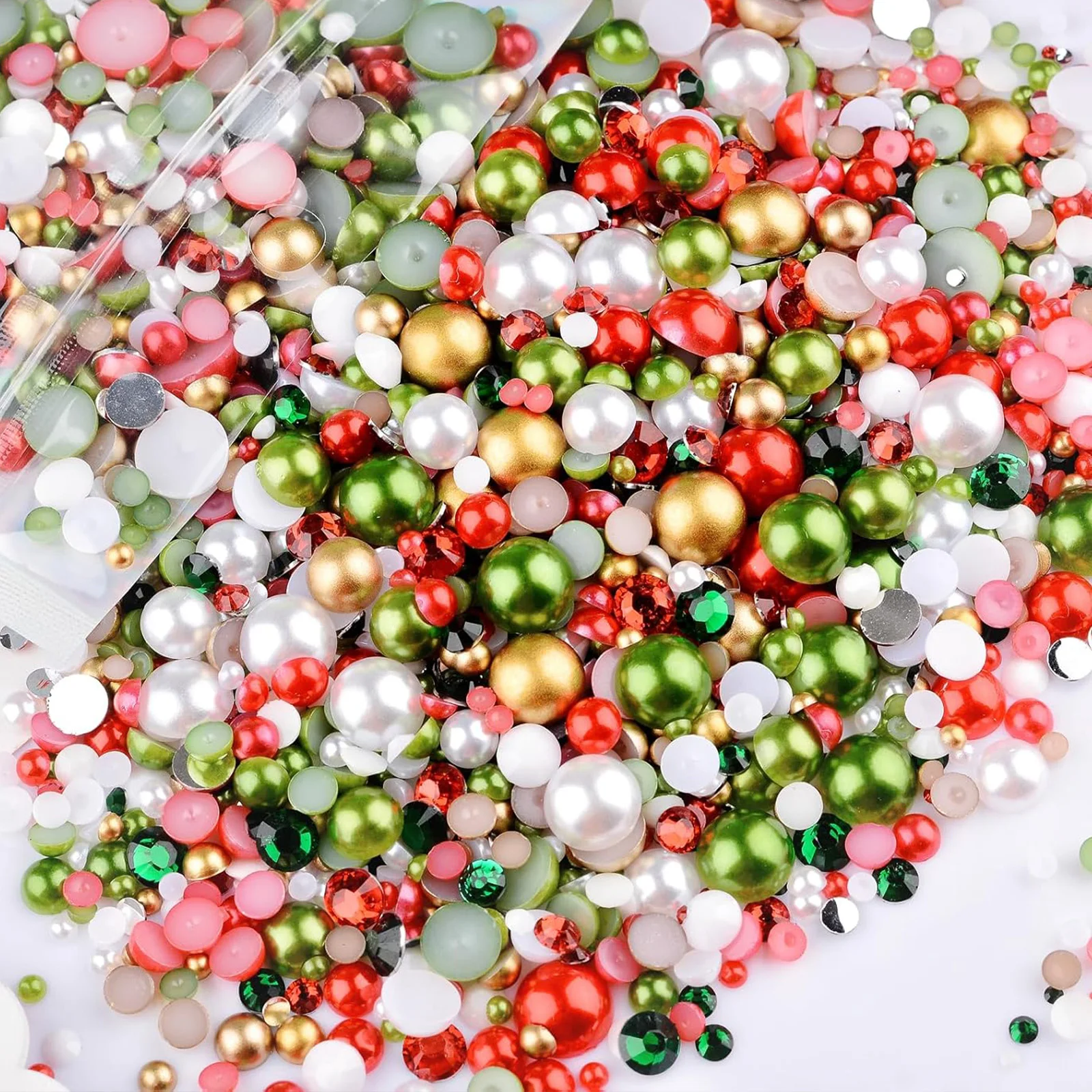 30g de perles et de strass mixtes rouge vert, strass plats et perles pour nail art, bricolage artisanal 3mm-10mm taille mixte