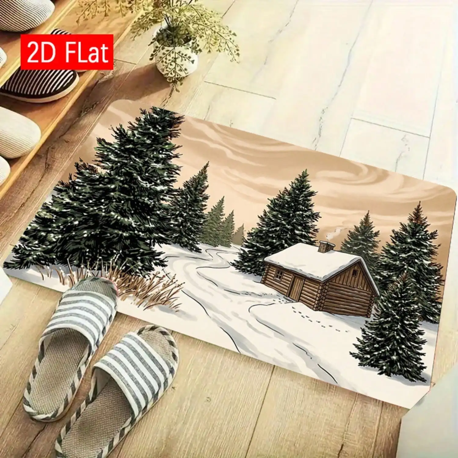 2D Flat Snow Scene Winter Pattern Printed Doormat, Soft And Comfortable Flannel Floor Mat, Indoor/Outdoor Entrance Door Mat, Foot Mat, Entryway Rug, Suitable