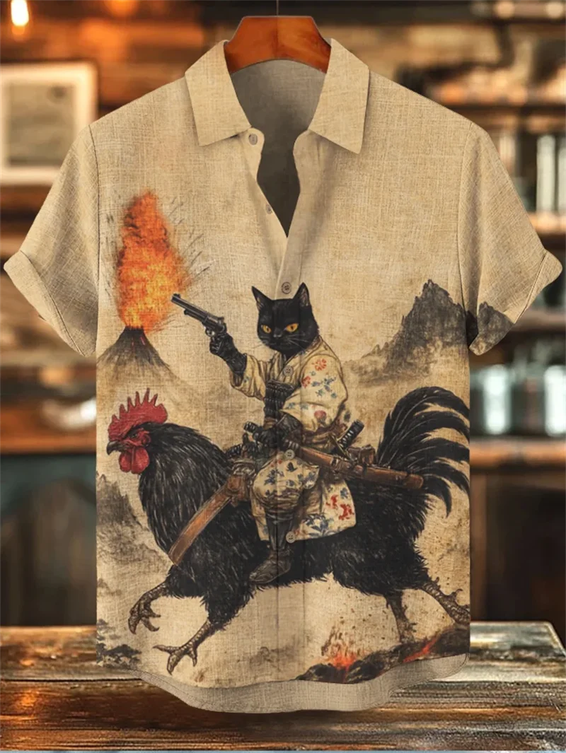 新しいメンズリネンヘン3D桜アニマルプリントシャツ半袖シャツハワイアンメンズファッショナブルカジュアルトップ