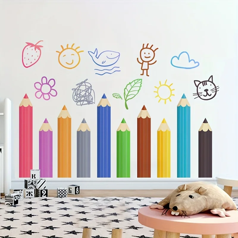 Colorful Pencil Wall Stickers Room Decor with Cute Animals Sun Cloud Removable Vinyl Wall Decals for Classroom Home Accessories