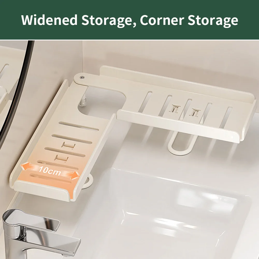 No‑Drill Foldable Faucet Storage Rack, Bathroom Sink Countertop Organizer, Cosmetic Toiletry Storage Shelf for Wash Basin