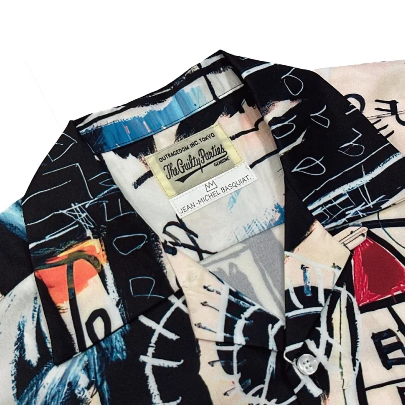 Trend Colour Blocking Graffiti Hip Hop WACKO MARIA Mens Womens Hawaii Japanese Tide Retro Short Sleeve Shirt