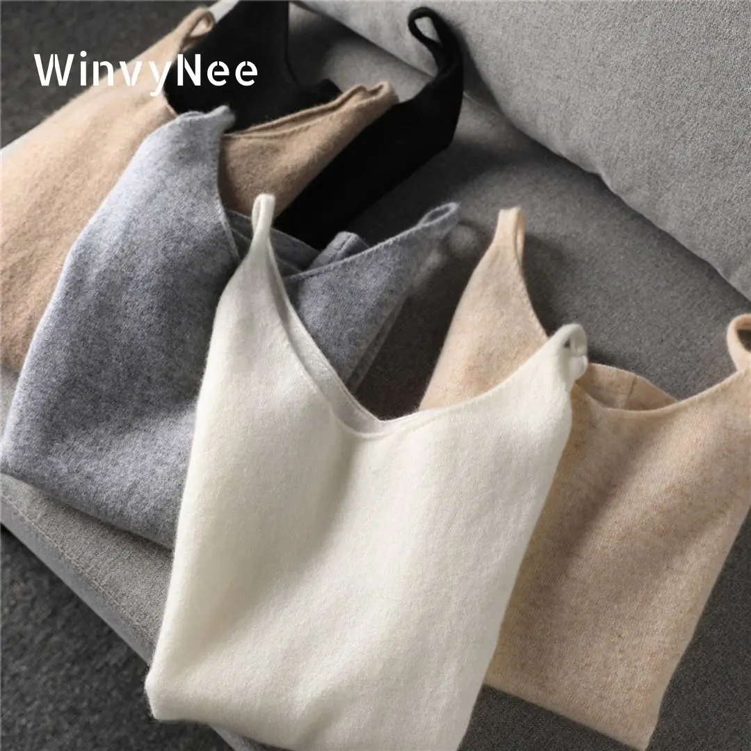 WinvyNee New Women Wool Tops Office Lady Solid V-neck Warm Soft Vest Girls Tank Inner Wear Streetwear Top Winter Autumn C 1003013