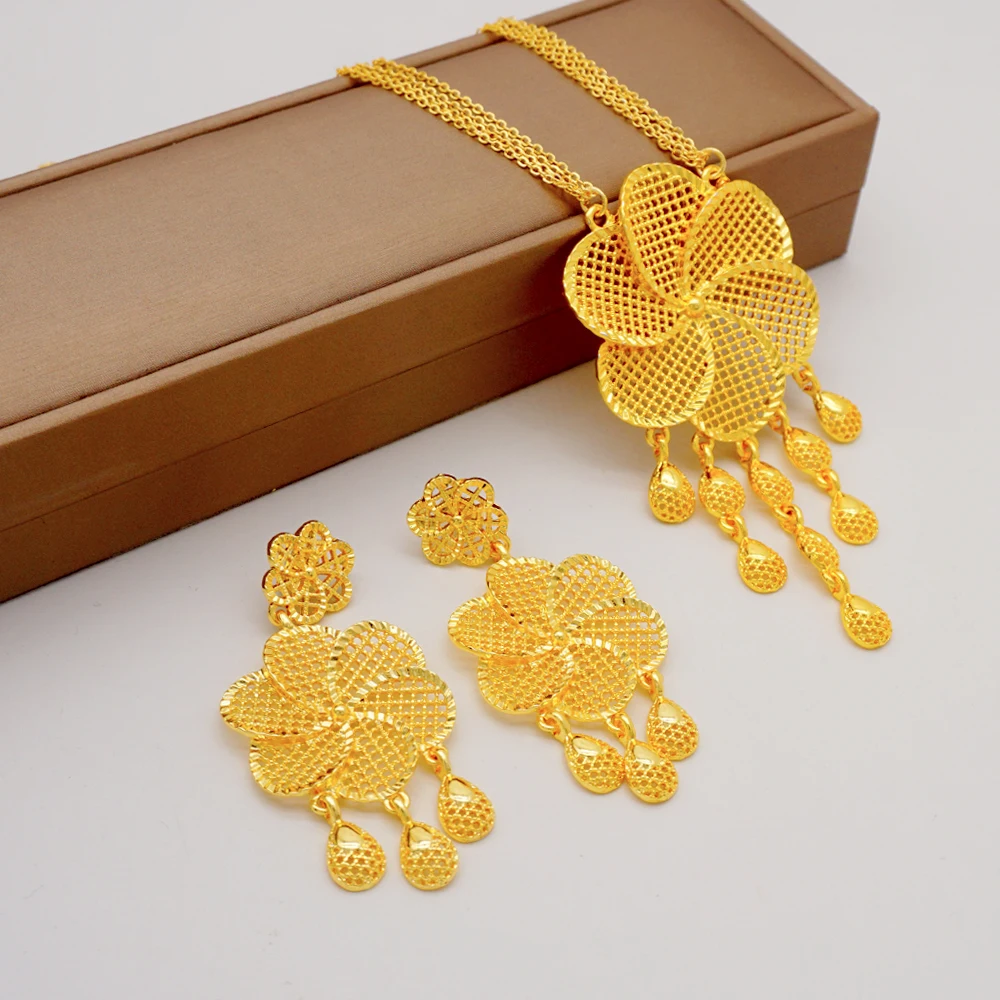 Fashion Jewelry Set African Dubai Gold Color Flower Tassel Long Chain Necklace Earings Sets For Women Wedding Party Gifts image 4