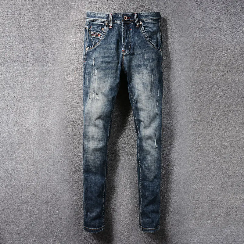 Fashion Vintage Men Jeans High Quality Retro  Blue Stretch Slim Fit Ripped Jeans Men Casual Designer Denim Pants Hombre