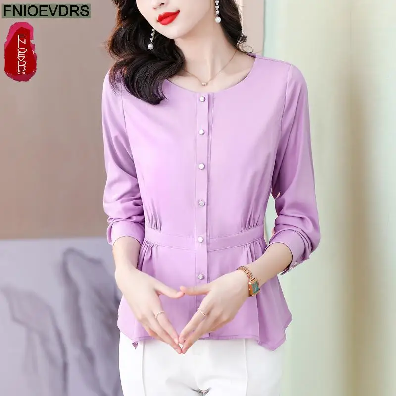 S-3XL 2023 Women Autumn Elegant Office Lady Work Button Basic Shirts Casual Slim Tunic Peplum Tops And Blouses Purple