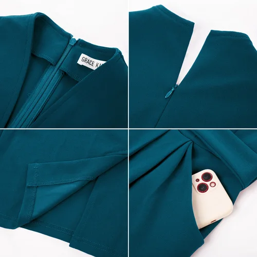 Imagen 2 del producto GK-vestido Midi con cuello en V para mujer, 3/4 prenda ajustada con manga, abertura trasera, cintura alta, ceñido con cinturón, elegante, para trabajo de oficina